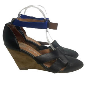Jeffrey Campbell Vonda Black Leather Wedge Heel Blue Strap Sz 8 Pointed Toe a38